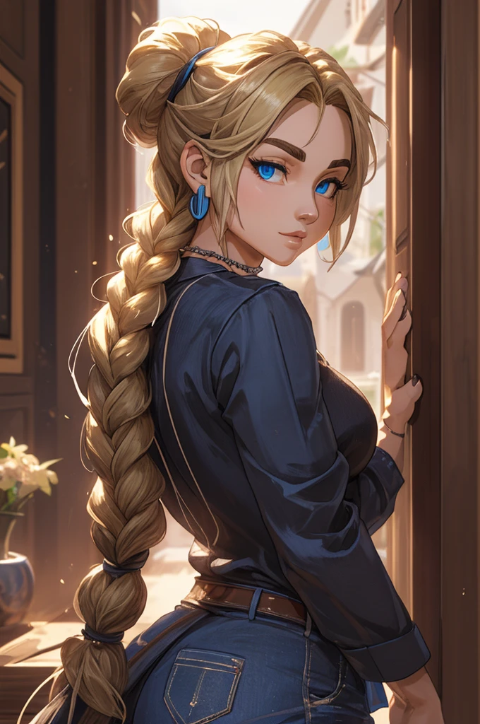 ((ultra quality)), ((tmasterpiece)), gnome girl, Short stature, ((blonde woman, hairlong, braided)), (silver ear rings), (silver necklace around the neck), (Beautiful cute face), (beautiful female lips), Charming, ((sexy facial expression)), is looking at the camera, eyes are slightly closed, (Skin color: white), Body glare, ((detailed beautiful female eyes)), ((dark blue eyes)), (juicy female lips), (beautiful female hands), (A bit full figure, bun), ((perfect female figure)), perfect female body, Beautiful waist, Gorgeous hips, Beautiful medium breasts, ((Subtle and beautiful)), seductively worth it (Rear view) (close-up of the face), (wearing blackface jeans, white tanktop) background: on the threshold of the house, Hot day, ((Depth of field)), ((high quality clear image)), (crisp details), ((higly detailed)), Realistic, Professional Photo Session, ((Clear Focus)), the anime
