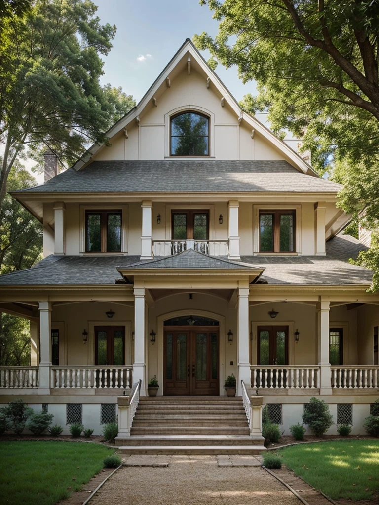 Two-story country house with gable roof with path to the door with marble balustrade fifteen windows surrounded by trees