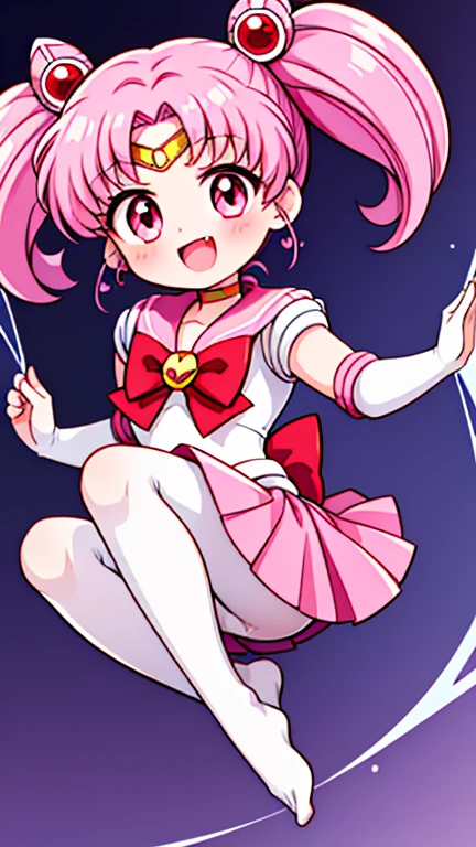 Sailor Moon，childhood，Seven years old，Cute little loli，Pink hair twintails，short hair，Sailor suit，red bow，White elbow gloves，Red Skirt，no shoes，Open your mouth，laughing out loud，fangs，(white pantyhose),soles of feet，soles of feet