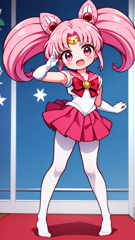 Sailor Moon，childhood，Seven ，Cute little loli，Pink hair twintails，short hair，Sailor suit，red bow，White elbow gloves，Red Skirt，no shoes，Open your mouth，laughing out loud，fangs，(white pantyhose),soles of feet，soles of feet