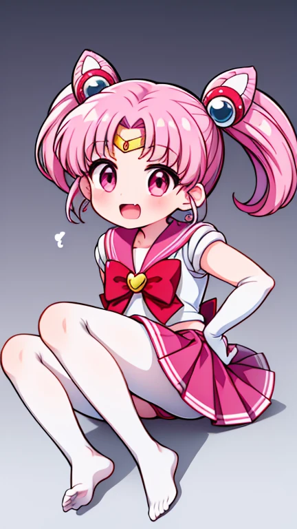 Sailor Moon,childhood,Seven years old,Cute little loli,Pink hair twintails,short hair,Sailor suit,red bow,White elbow gloves,Red Skirt,no shoes,Open your mouth,laughing out loud,fangs,(white pantyhose),soles of feet,soles of feet