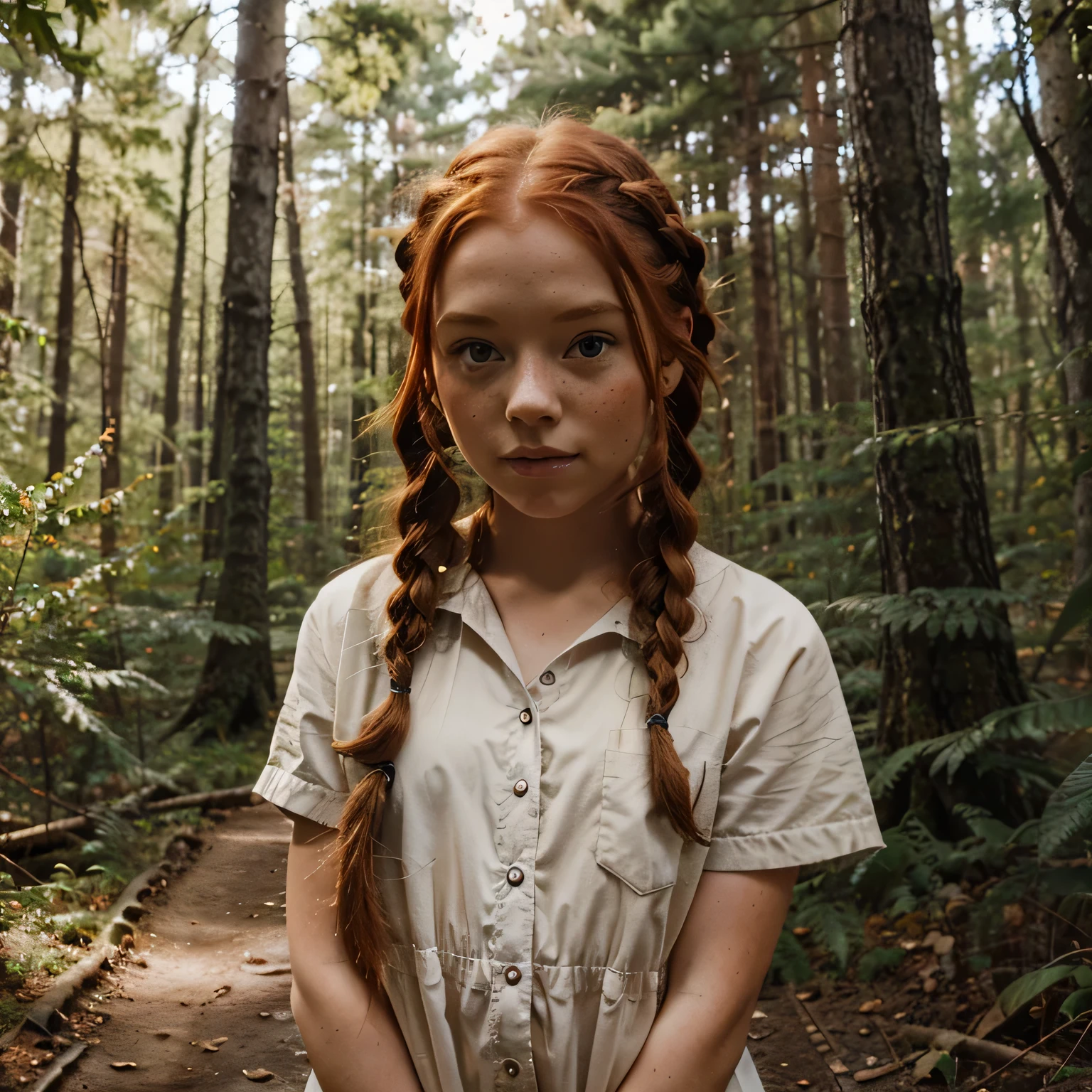  redhead girl with two braids and freckles in the middle of a forest next to a little fox 