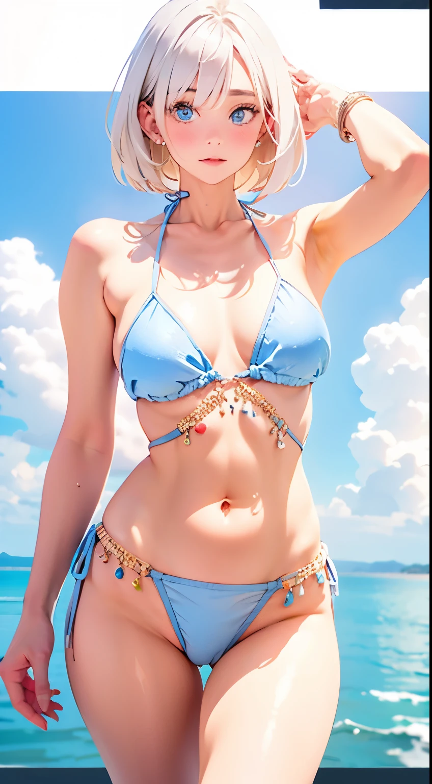 Sailor Moon in a white semi-transparent micro bikini、beautiful blonde、Big beautiful blue eyes、Smooth, white skin like porcelain、The best slightly plump style、(Short bob with short nape)、Sharp and stern look、(Detailed depiction of the very thin material of the swimsuit、Detailed depiction of wrinkles in a swimsuit)、Maximum number of pixels、Photorealistic image quality、(Depiction of pointed areola)、