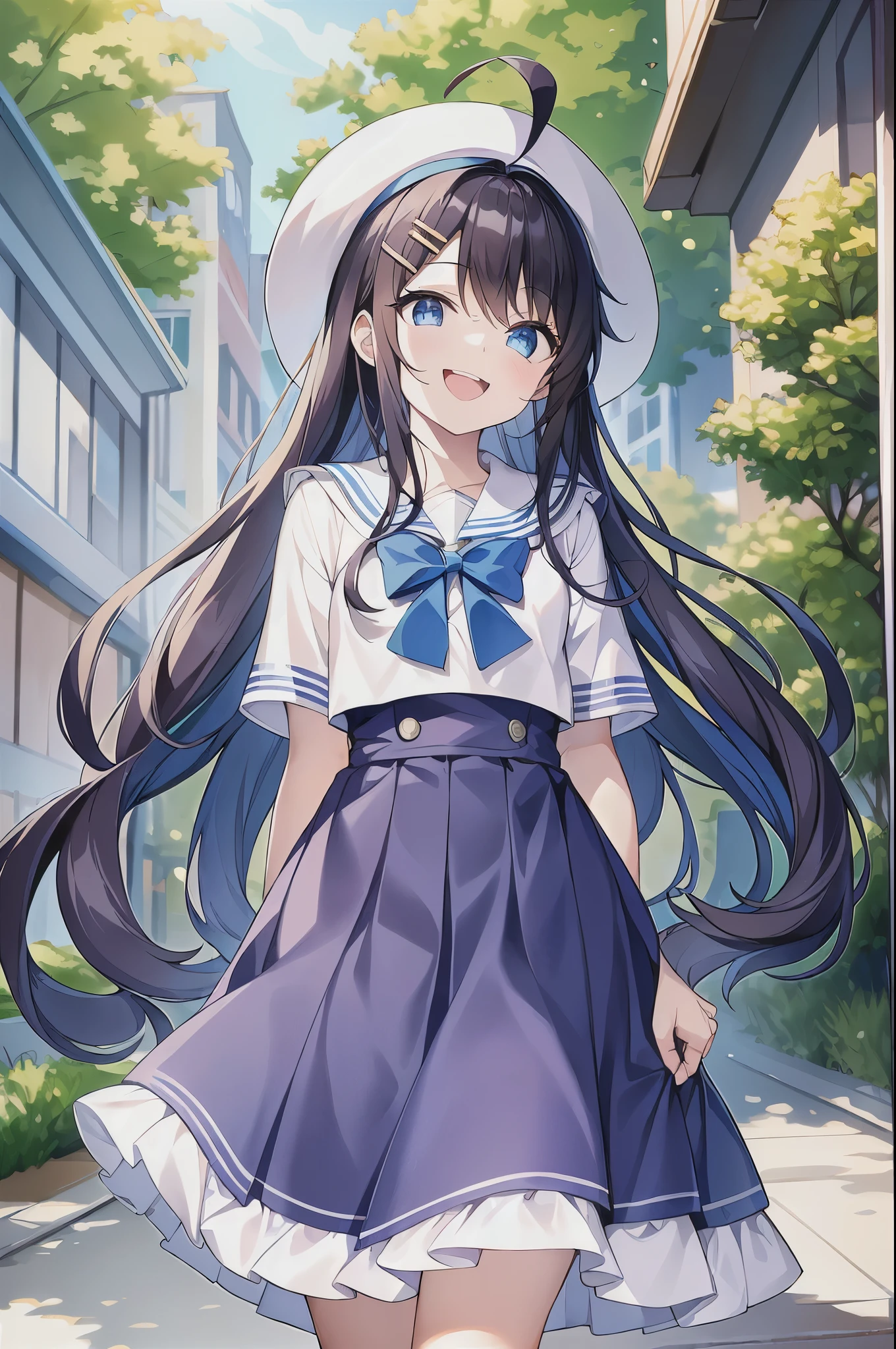 (((masterpiece))) (((highest quality))), (((beautiful))), (((8K))), (((High resolution))), (1 girl:1.3), (child:1.5), (Loli:1.3), (Dark blue straight long hair:1.3), (very long, Dark blue sideburns), (Very wide parted dark blue bangs:1.3), (Simple hair clip:1.4), (Ahoge:1.4), (small blue eyes:1.2), (droopy eyes:1.3), (Super thick sideburns and super long sideburns:1.1), (Ultra-flat ?????:1.4), (extremely small ???????:1.4), (laughing:1.3), Walking through the city of fresh greenery, Fresh green roadside trees,Between buildings, (white sailor suit:1.2), (white pleated skirt:1.2), White hat with blue ribbon, (cowboy shot:1.2)