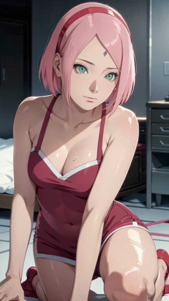 Sakura Haruno，Wet，bare shoulders​，Bare chest，Bare navel，Bare with thighs，Fork the legs，Covered in sweat