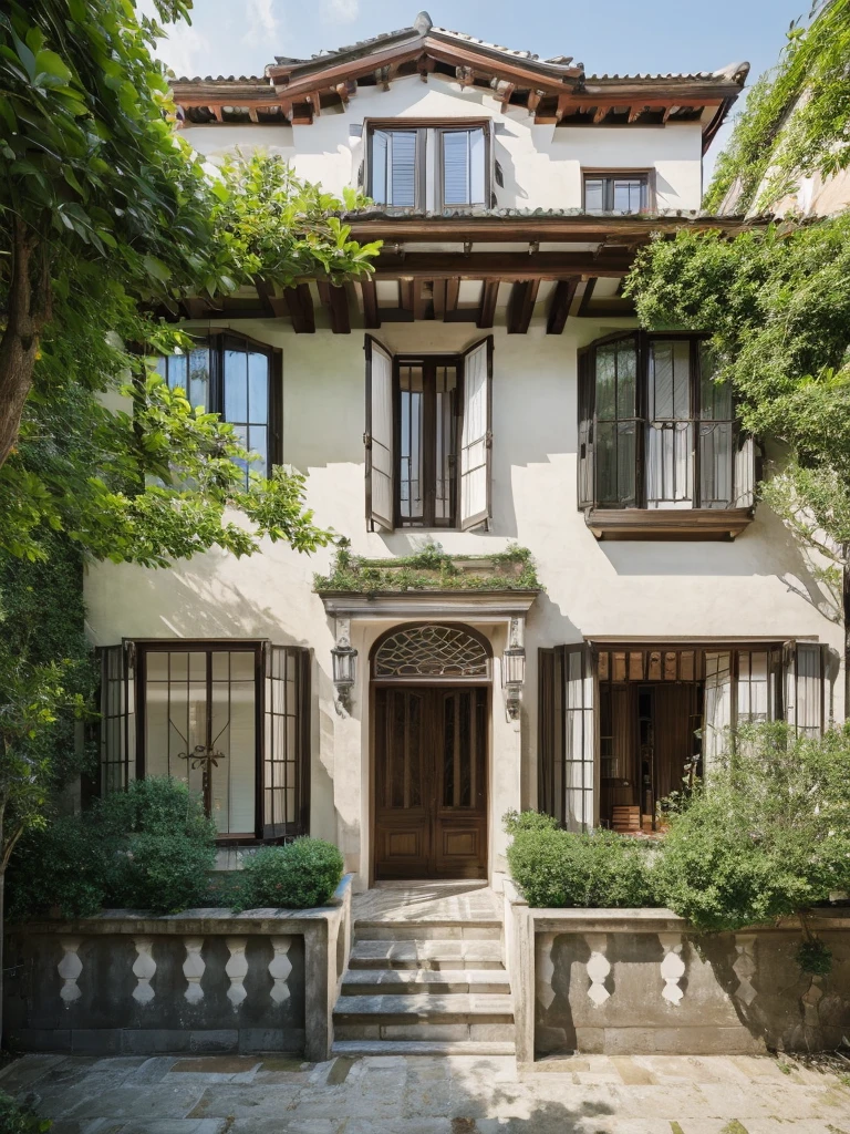 House in the country with two floors gable roof with path to the door with marble balustrade fifteen windows surrounded by trees and naked boys outside it