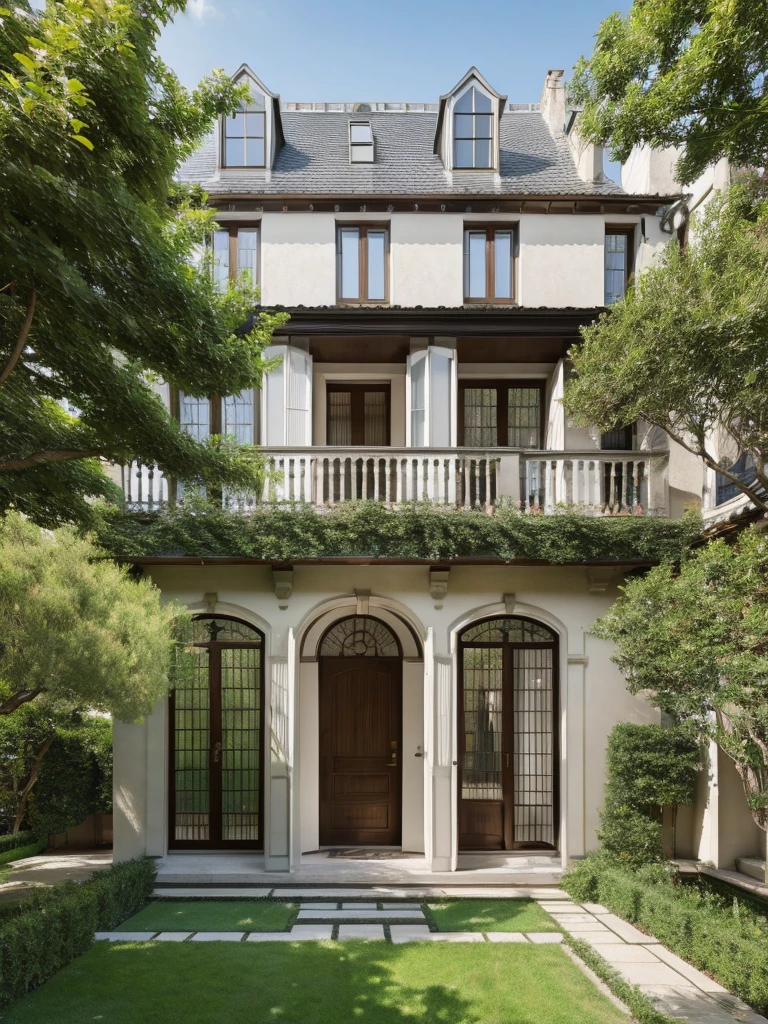 House in the country with two floors gable roof with path to the door with marble balustrade fifteen windows surrounded by trees and naked boys outside it