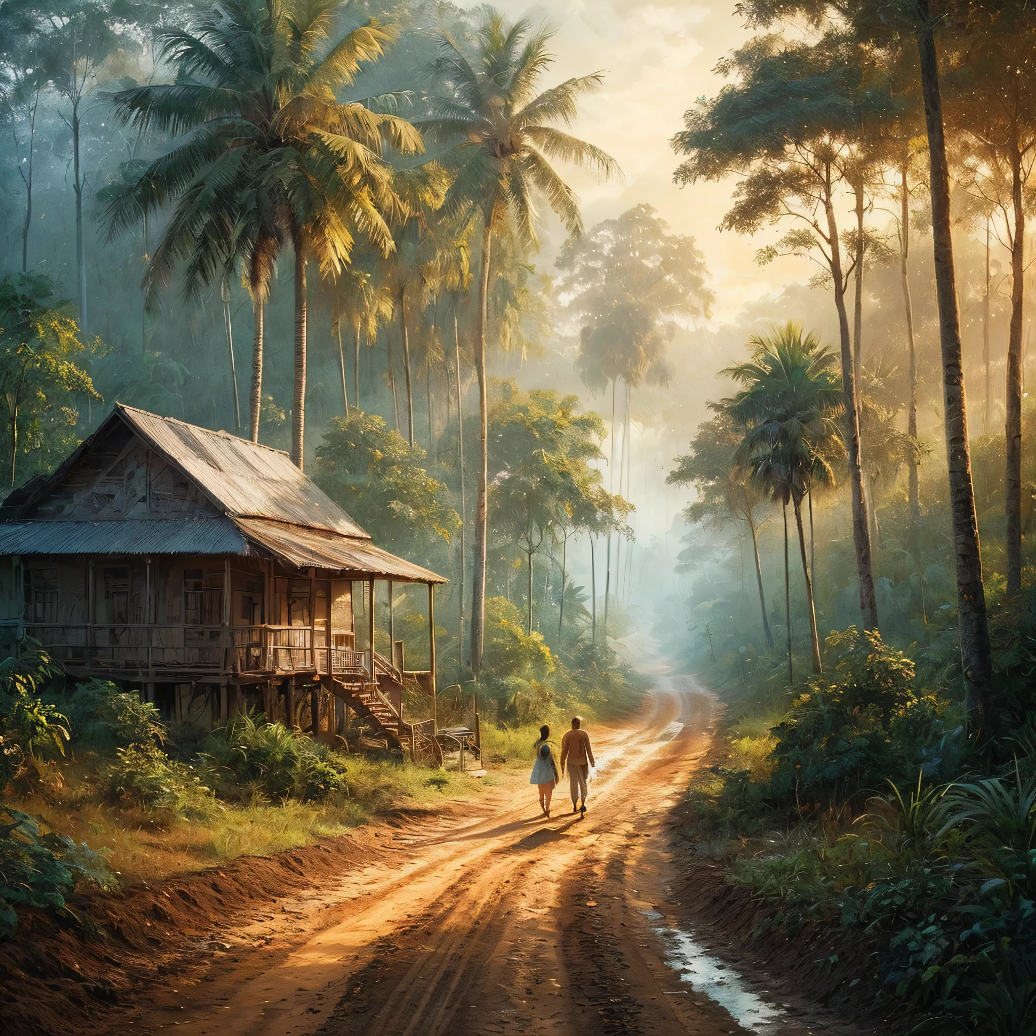 a painting of two people walking down a dirt road, a fine art painting, trending on cg society, sumatraism, house in forest, son, tropical location, mobile wallpaper