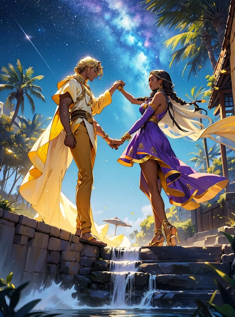 African woman wear spainish purple dress like a princess. She have beautiful long braid hair and brown skin. Star-man wear black and glittery golden clothes with cape like a prince. He have glow white and yellow short hair. His sand-color skin. He hold her hand by his hand. He is flying. 