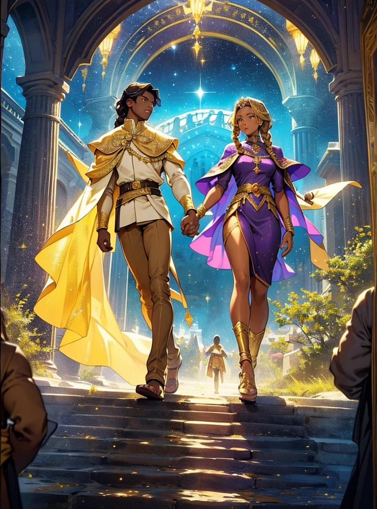 African woman wear spainish purple dress like a princess. She have beautiful long braid hair and brown skin. Star-man wear black and glittery golden clothes with cape like a prince. He have glow white and yellow short hair. His sand-color skin. He hold her hand by his hand. He is flying. 