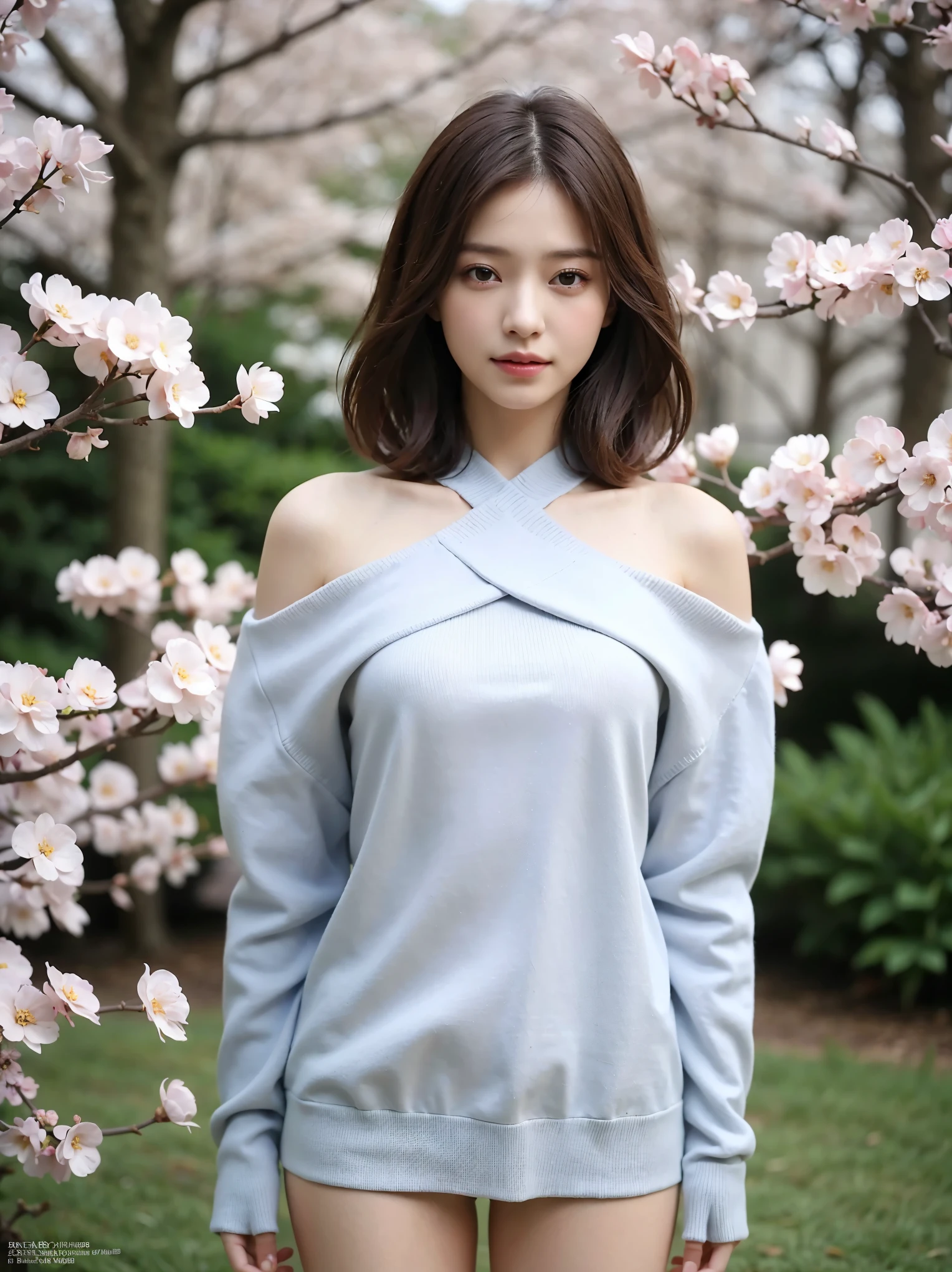 (super highest quality:1.3) (very realistic, Photoreal:1.3), (sharp focus:1.3) Pure Pure bright spring sunshine Three-dimensional Beautiful gradation A gentle smile that looks fun very high quality and stylish see through bang classy and intelligent neat and stylish excellent education Women's Fashion Magazine model (Realistic and very high quality:1.3). (High resolution/High resolution:1.3) table top, very delicate and beautiful, soft light, (brown hair, Straight shoulder-length bob hair fluttering in the wind), beautiful detailed girl, highly detailed eyes and face, beautifully detailed nose, thin and beautiful eyes, 1 girl, Japanese, Pure beauty, cute, young, very stylish Spring Sweater very stylish supported by women trend fashion , (medium breasts), realistic face, realistic body, Cherry blossom background