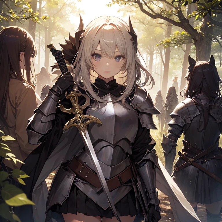 A group of  female knight, (in forest), various hair styles, harem, wearing armored clothes, metal armor, night, details face, , short skirt, seducing, sword,