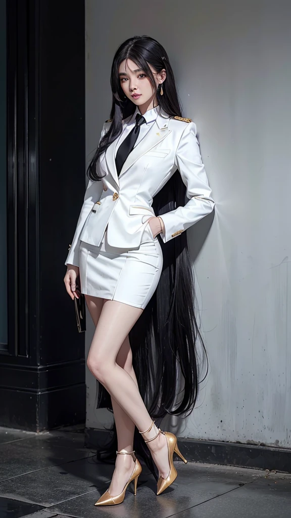 woman, (สาวสวยTwo meter long hair, very long hair, Extra long hair, long black hair), (Italian style suit, Two button suit), (Italian Suit, white suit, two-button suti), (ใส่สูทwoman, Business woman&#39;s suit, white), (ชุดสูทwomanwhite), (เสื้อเชิ้ตwhite), necktie, (necktieสั้นสีดำ, necktieสีดำ, The Skinny Necktie, Knit tie), (Military rank insignia), (short pencil skirtwhite), (dynamic post), full body, (A gigantic rift), (Huge breasts, thin body, small waist, hips raised, small thighs, Long legs), high-heelsสีดำ, (short pencil skirt, white), Wearing a suit for a business woman, (Wearing a white business suit, สูทนักธุรกิจหญิงwhite), (tight, military regalia, เสื้อwhite, กระโปรงwhite), (black shoes), (Two-button gold-colored suit buttons, Two meter long hair, Form-fitting suit, เสื้อสูทwhiteทรงธรรมดารัดรูป), (black shoes, high-heels), (stand, walk, Graceful posture, dynamic post), short suit, earring, Tie your hair