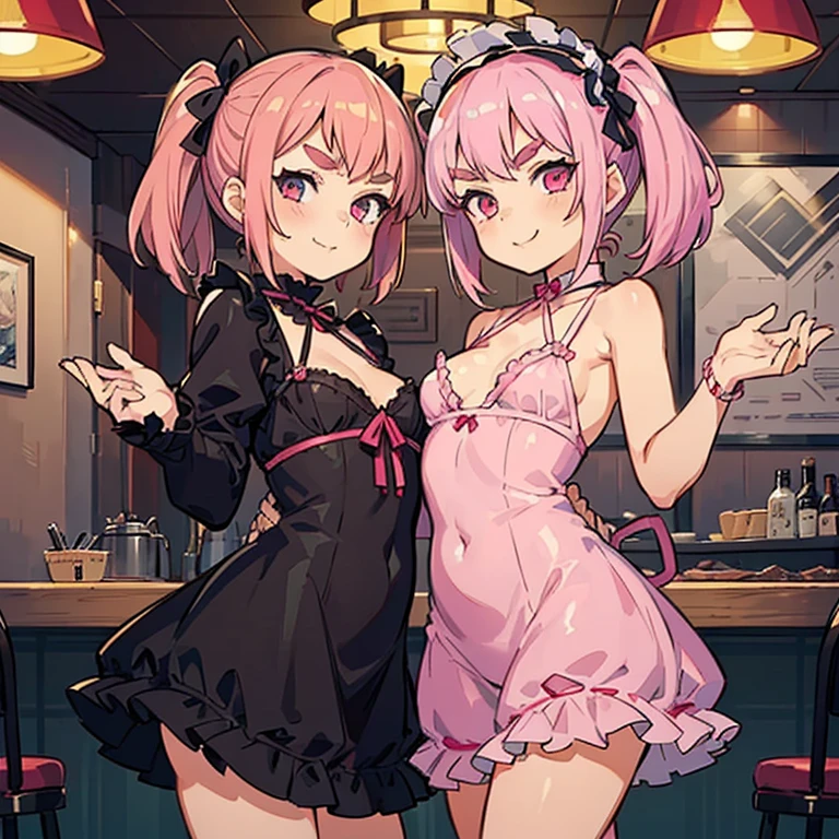 2 Girls with pink hair, long double-tailed hairstyle, ((small pink bushy eyebrows)), wearing ta clothing, marked vagina, loli(Zankuro) drawing style by zankuro artist, Zancro style, image uploaded to R34, flirty smile , ((showing her pubes)) in a restaurant ((putting her breasts together))