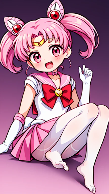 Sailor Moon，childhood，Seven ，Cute little loli，Pink hair twintails，short hair，Sailor suit，red bow，White elbow gloves，Red Skirt，no shoes，Open your mouth，laughing out loud，fangs，(white pantyhose),soles of feet，soles of feet