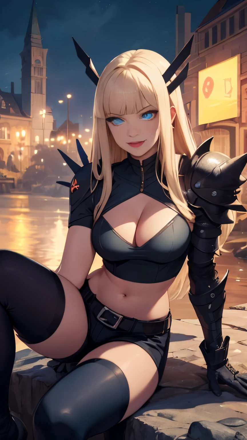 (Highly quality, masterpiece, detailed), night city detailed scenario, night city detailed background, 1girl, Magik, midriff, thigh highs, gloves, short shorts, cleavage, evil smile, armored, glowing blue eyes, sitting on a rock, navel, perfect face, beautiful eyes, looking at the viewer, Sexy pose