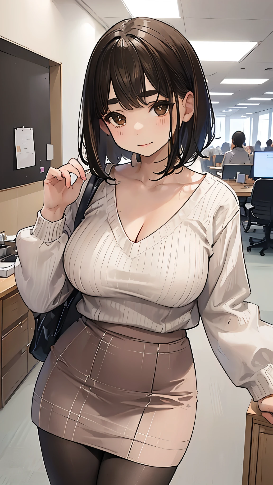 (masterpiece、highest quality、Super detailed)、1 girl、black hair、Bobcut、((flowing bangs))、((Brown eyes:1.3))、Thick eyebrows、evil smile、pink lip、((very big breasts))、((white knit))、cleavage、((Plaid pencil skirt))、((black pantyhose))、cowboy shot、office
