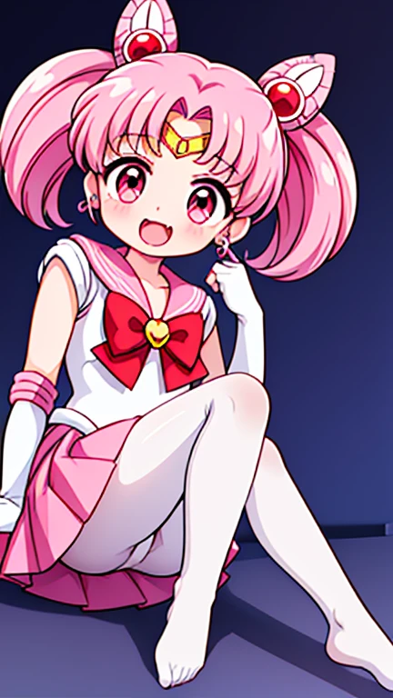 Sailor Moon,childhood,Seven years old,Cute little ,Pink hair twintails,short hair,Sailor suit,red bow,White elbow gloves,Red Skirt,no shoes,Open your mouth,laughing out loud,fangs,(white pantyhose),soles of feet,soles of feet