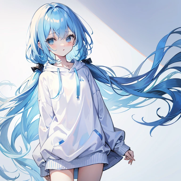 Long fleshy blue hair,Loose and simple white and blue milky sweatshirt,It looks small and cute,It's a