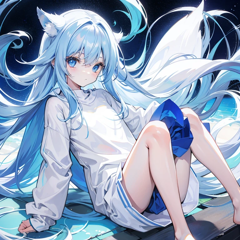 Long fleshy blue hair,Loose and simple white and blue milky sweatshirt,It looks small and cute,It's a
