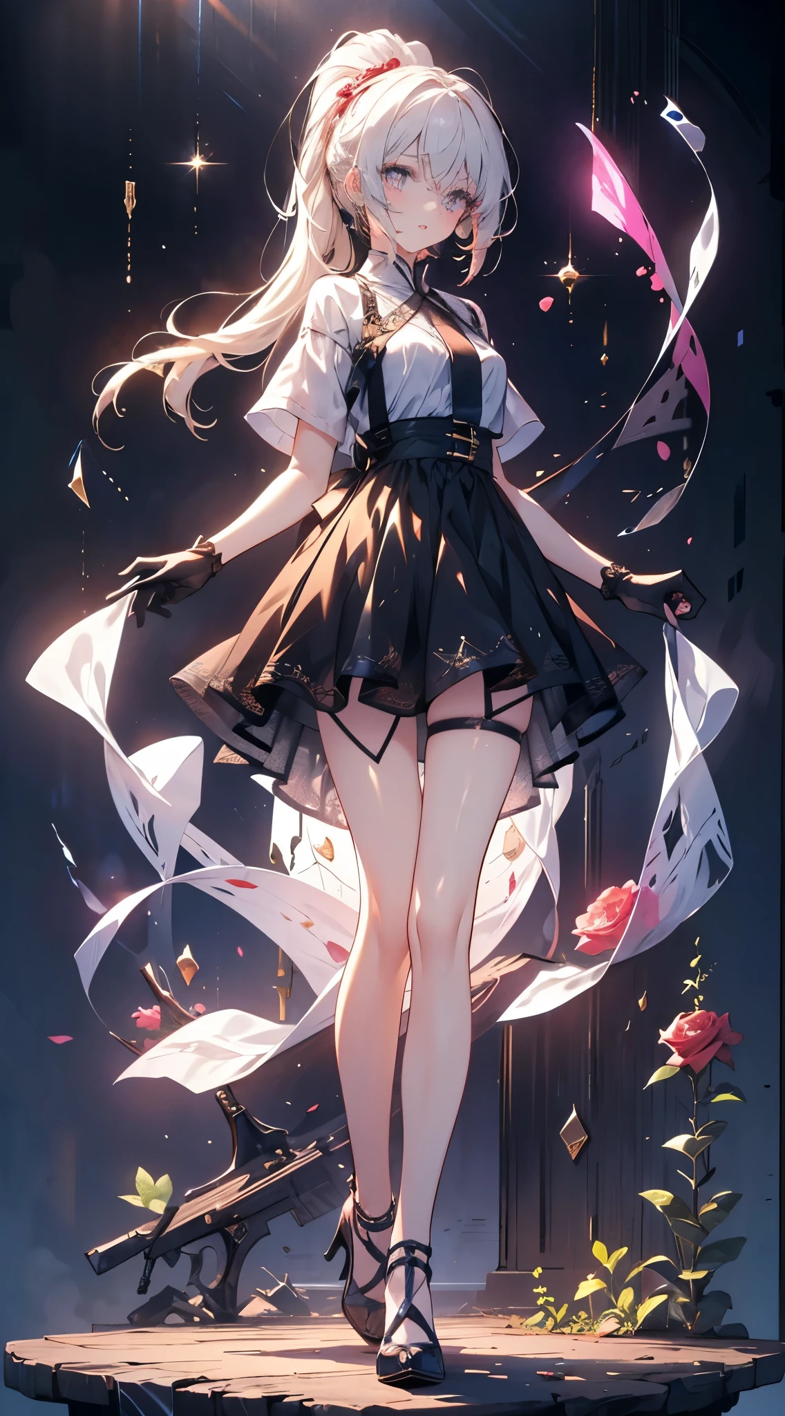 a girl，sheep&#39;horn, Rich colors, long white hair, Red眼睛 ，Eyeliner, black transparent clothes, Red, open air, Rose, night, ruins, Butterfly，mine same as the original, mine, , (:1.2) rest, (Black long skirt), (view from below), (Put your arms behind your back), (wild lift), thin dress,, 最good quality, High resolution, unified 8k wallpaper, (illustration:0.8), (Beautiful and delicate eyes:1.6), extremely detailed face, perfect lighting, Very detailed CG, (Perfect hands, perfect anatomy),，blond，red lips，Acting cute，Long hair马尾，High heel，good quality, absurd, Super detailed, holographic,, dynamic poses, golden ratio, 超级Lovely女孩, Mature girl, extremely beautiful,，With super beautiful purple eyes, Super beautiful white hair, shiny skin, high ponytail, Good and harmonious , Slender and delicate figure, Perfect body, (Wearing a short white top,) Lovely，Full body shot，Long hair，shoes，black skirt, Short sleeve，messy hair, black gloves,,Fade the background,Full body photo of the individual,cartoon，t-shirt，Eyes with highlights，Leg ring