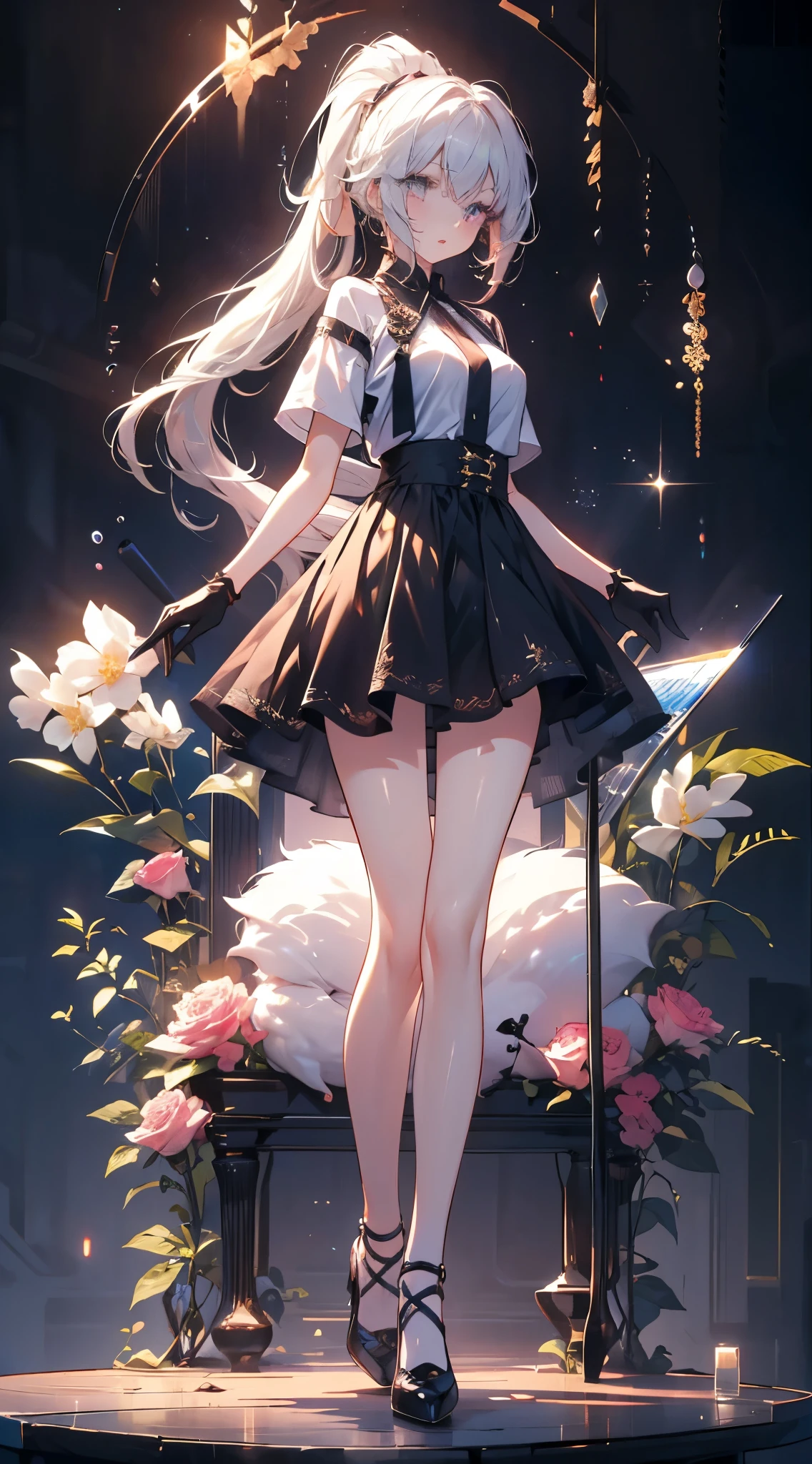 a girl，sheep&#39;horn, Rich colors, long white hair, Red眼睛 ，Eyeliner, black transparent clothes, Red, open air, Rose, night, ruins, Butterfly，mine same as the original, mine, , (:1.2) rest, (Black long skirt), (view from below), (Put your arms behind your back), (wild lift), thin dress,, 最good quality, High resolution, unified 8k wallpaper, (illustration:0.8), (Beautiful and delicate eyes:1.6), extremely detailed face, perfect lighting, Very detailed CG, (Perfect hands, perfect anatomy),，blond，red lips，Acting cute，Long hair马尾，High heel，good quality, absurd, Super detailed, holographic,, dynamic poses, golden ratio, 超级Lovely女孩, Mature girl, extremely beautiful,，With super beautiful purple eyes, Super beautiful white hair, shiny skin, high ponytail, Good and harmonious , Slender and delicate figure, Perfect body, (Wearing a short white top,) Lovely，Full body shot，Long hair，shoes，black skirt, Short sleeve，messy hair, black gloves,,Fade the background,Full body photo of the individual,cartoon，t-shirt，Eyes with highlights，Leg ring