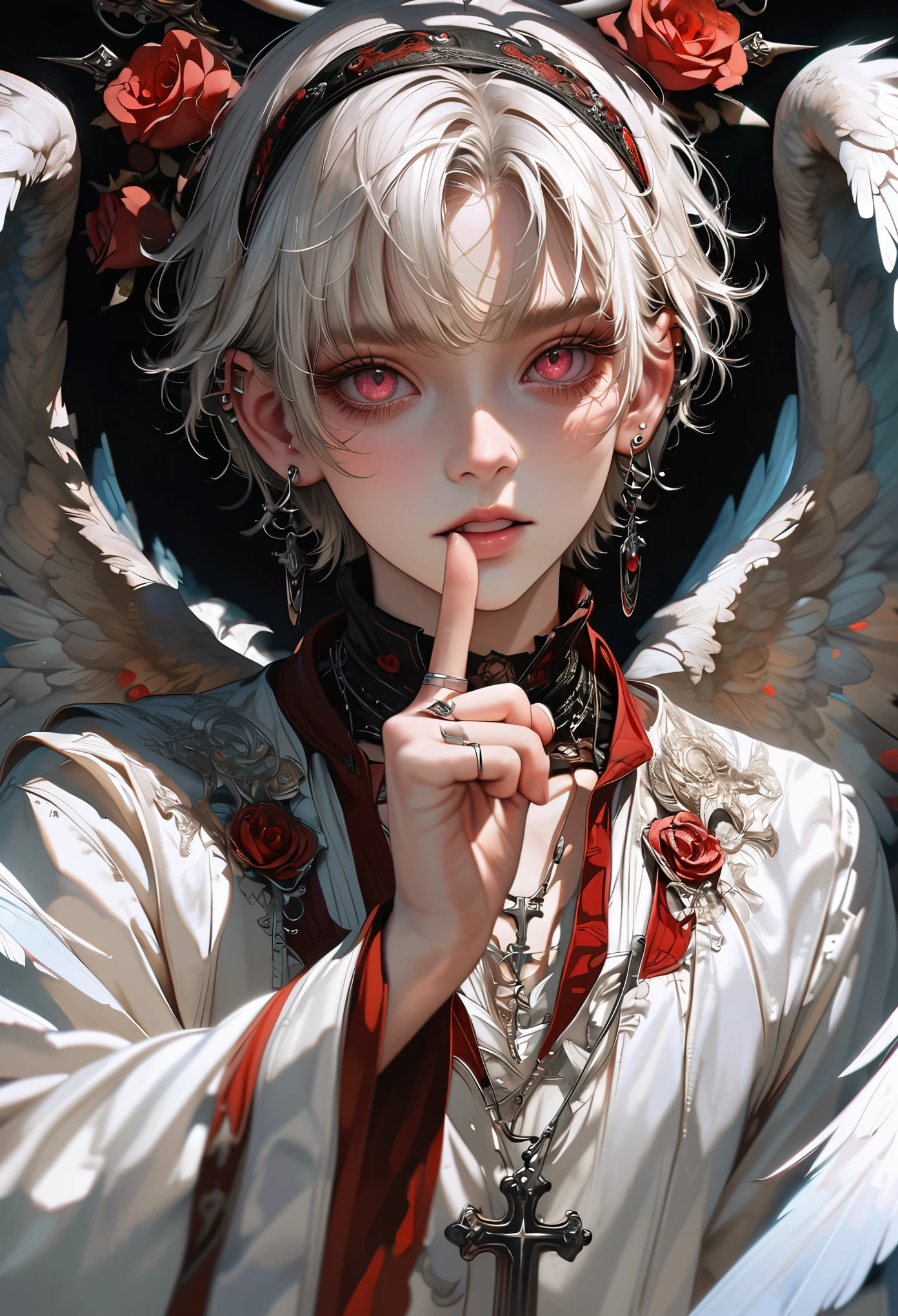 style12.(masterpiece,best quality,hyper quality,8k,absurdres,insane details,intricate details,hyperdetailed,high detail,ultra detailed,realistic:1.4, ),halo,wings,jewelry,flower,solo,white hair,rose,short hair,1boy,red flower,male focus,angel wings,earrings,looking at viewer,angel,feathered wings,red eyes,finger to mouth,ear piercing,long sleeves,piercing,red rose,pink eyes,hairband,necklace,cross,ring,index finger raised,parted lips,bangs,