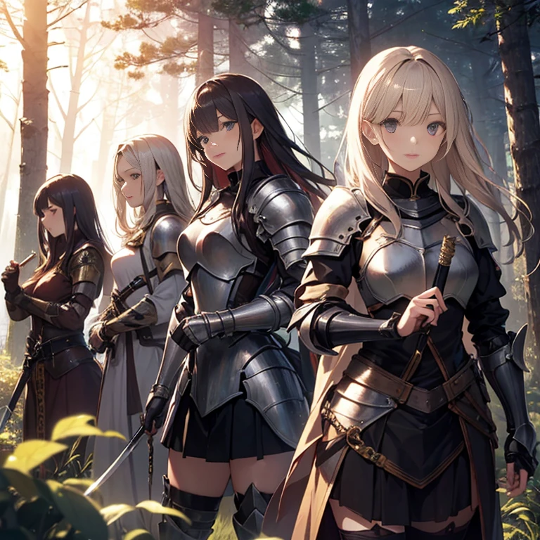 A group of female knight, (in forest), various hair styles, harem, wearing armored clothes, metal armor, night, details face, , short skirt, seducing, sword,