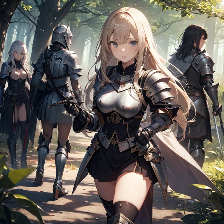 A group of  female knight, (in forest), various hair styles, harem, wearing armored clothes, metal armor, night, details face, , short skirt, seducing, sword,