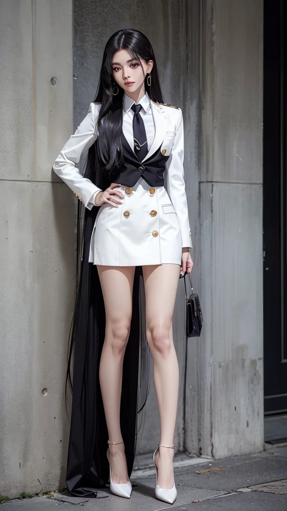 woman, (สาวสวยTwo meter long hair, very long hair, Extra long hair, long black hair), (Italian style suit, Two button suit), (Italian Suit, white suit, two-button suti), (ใส่สูทwoman, Business woman&#39;s suit, white), (ชุดสูทwomanwhite), (เสื้อเชิ้ตwhite), necktie, (necktieสั้นสีดำ, necktieสีดำ, The Skinny Necktie, Knit tie), (Military rank insignia), (short pencil skirtwhite), (dynamic post), full body, (A gigantic rift), (Huge breasts, thin body, small waist, hips raised, small thighs, Long legs), high-heelsสีดำ, (short pencil skirt, white), Wearing a suit for a business woman, (Wearing a white business suit, สูทนักธุรกิจหญิงwhite), (tight, military regalia, เสื้อwhite, กระโปรงwhite), (black shoes), (Two-button gold-colored suit buttons, Two meter long hair, Form-fitting suit, เสื้อสูทwhiteทรงธรรมดารัดรูป), (black shoes, high-heels), (stand, walk, Graceful posture, dynamic post), short suit, earring, park, monument