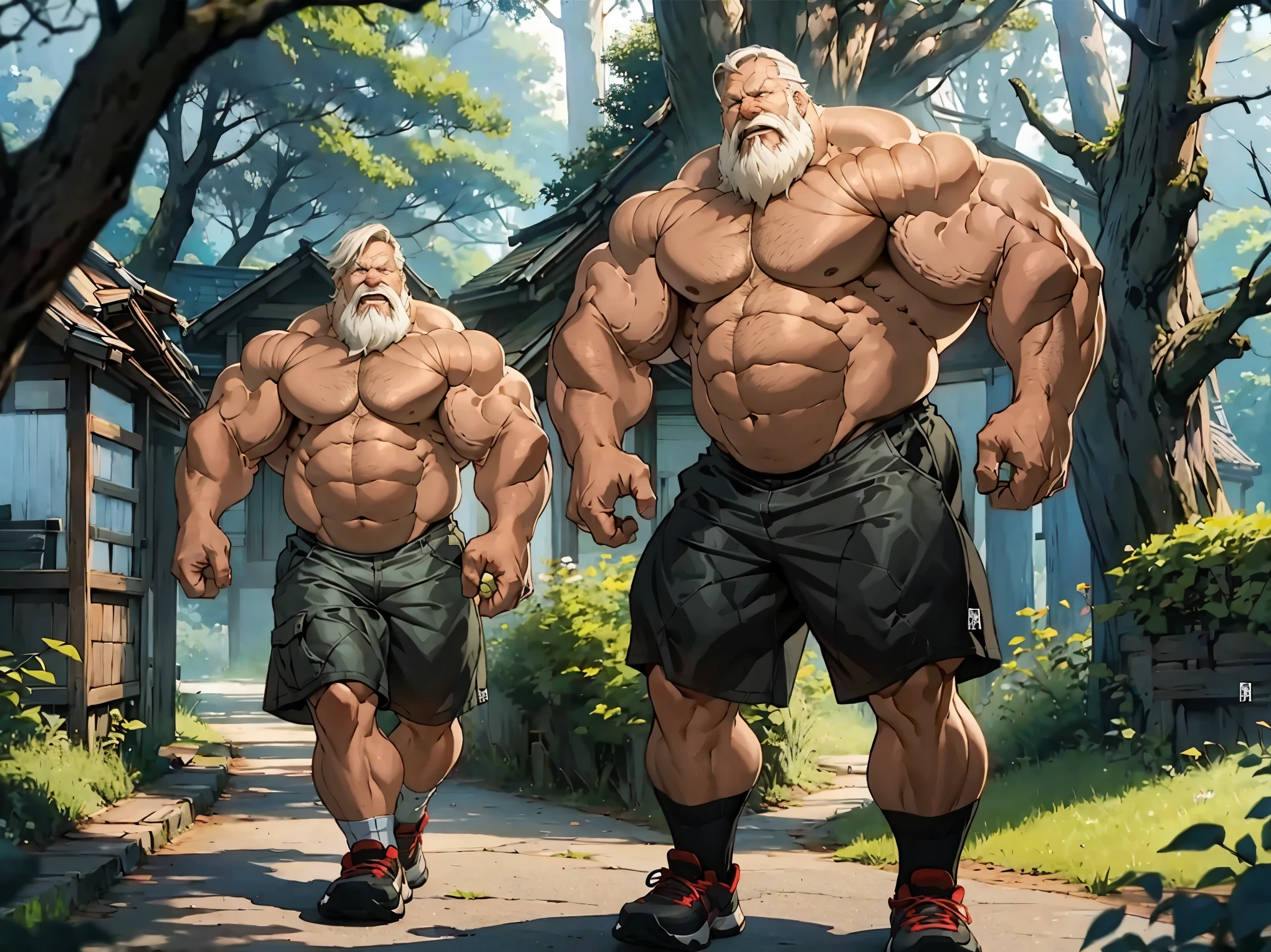 wide shots, chubby old man adventure in forest, thick arm, huge arm, bearded. white hair and short beard, bearded, muscular, pectoral, wide pectoral, realistic, 8k, masterpiece, (wearing shorts and shirtless:1.3, topless, shoes)