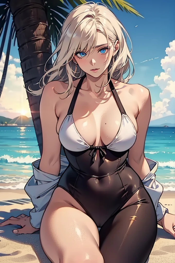 Тропический Beautiful пляж, sunset. A tall man sits on the sand, large, athletic, stately, Beautiful, adult man - platinum blond, he has tanned skin, Ideal facial features, Blue eyes, he has long straight white hair, he is wearing white beachwear, Next to him sits an incredibly beautiful young femme fatale - golden-haired blonde with blue eyes, long golden very thick hair tied with a scarlet ribbon, she is wearing a white two-piece swimsuit, she has a slender beautiful figure, Slim waist and rounded hips. they are in love with each other, they look at each other with love. They're happy. masterpiece, Perfect Image, realistic pictures, detailed study, full length image, 8k, detailed image. extremely detailed illustration, a true masterpiece of the highest quality, with careful drawing.