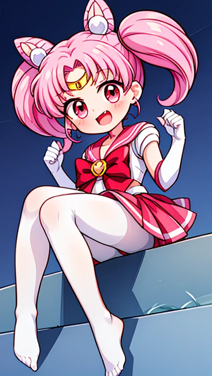 Sailor Moon,childhood,Seven years old,Cute little loli,Pink hair twintails,short hair,Sailor suit,red bow,White elbow gloves,Red Skirt,no shoes,Open your mouth,laughing out loud,fangs,(white pantyhose),soles of feet,soles of feet