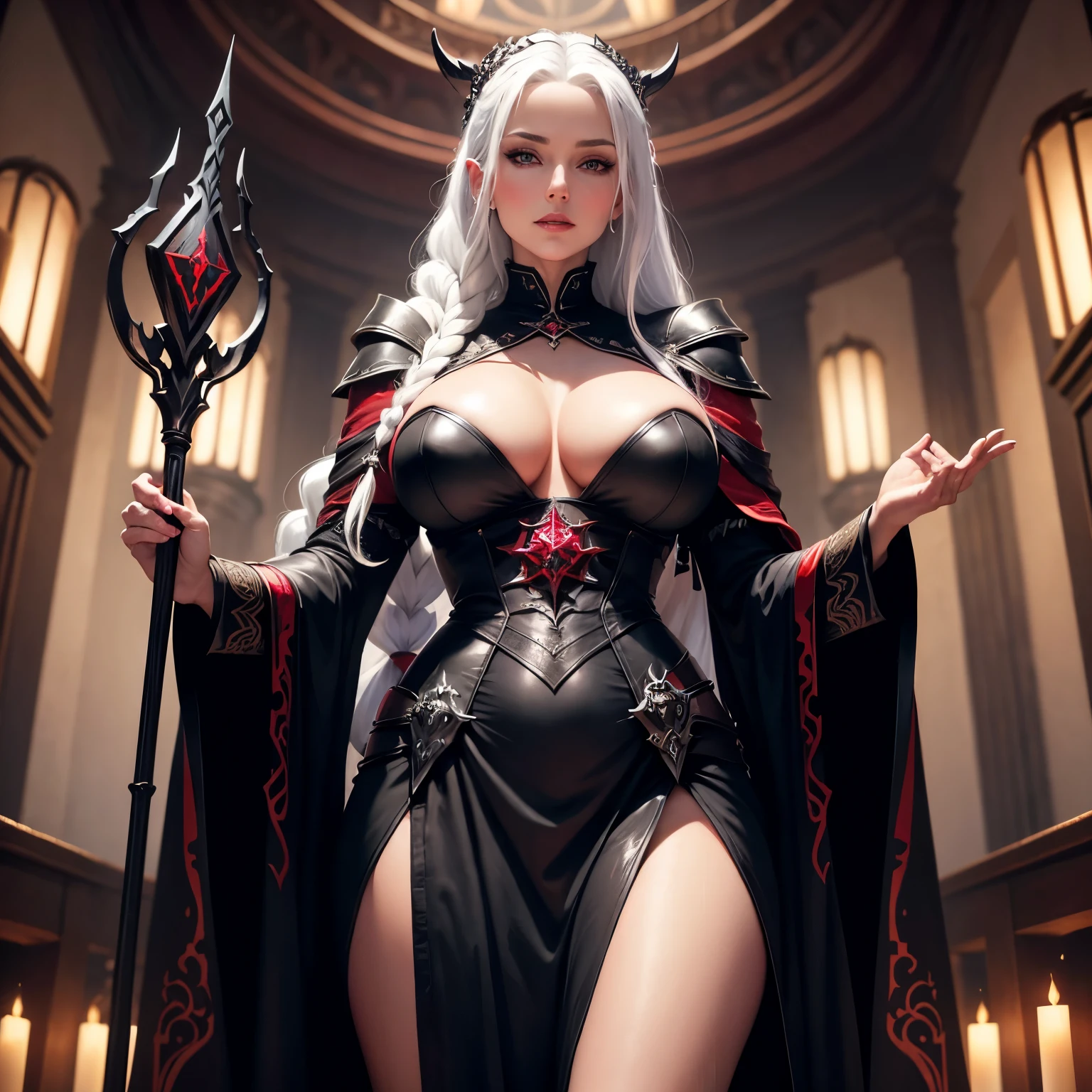 Masterpiece, high quality, many details,
 dark sorceress, perspective from below, black and red leather robe, sexy, dark world, incantation, big breasts, white hair long braid, staff in right hand, looking at the viewer