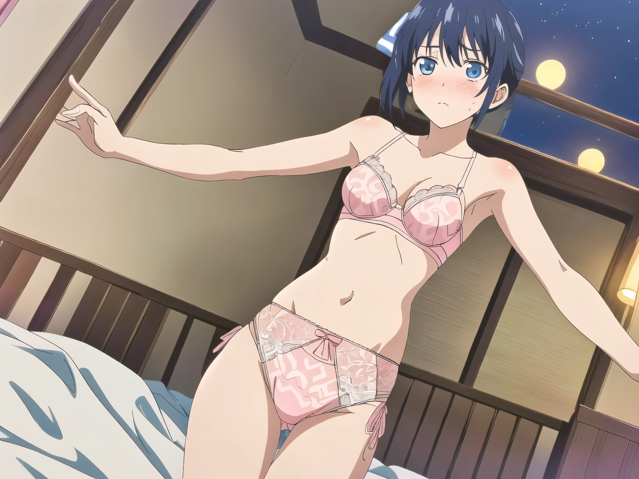 ((highest quality)),((very detailed)),masterpiece,Confused,detailed face,beautiful face,(Fine grain, Deep Eyes),(1 girl),((Dynamic pose)), Minase, 1 girl, alone, In underwear,delicately patterned underwear,Pink good,thin waist,belly button,((Pink lace panties)),Pussy,(Pussyストリーク), Thighs,blue eyes, troubled face, blush, Watching the audience, side ponytail, blue hair, clavicle, bangs, Anime Coloring Book, ,bed,night,cowboy shot,Low - Angle