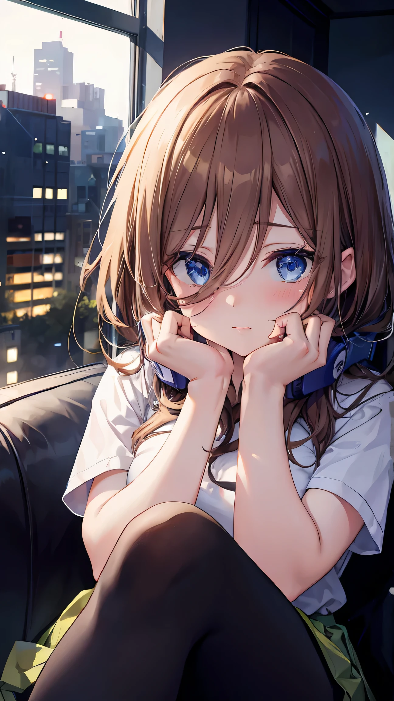 absurdres, best quality, 1girl, solo, focused eyes, looking at viewer, Miku sitting on couch, sitting cross-legged, Nakano Miku, (pov: sitting cross legged), mini tshirt, pleated green skirt, stockings, (beautiful round breasts:1.2), brown hair, HD, 4k, 8k, ultra-detailed, bokeh, vivid colors, (blurred city lights background), blurred lights on window, intrinsic interior, sharp focus, dramatic lighting, beautiful blue eyes, symmetric face, composed posture, blush, smooth skin, hands on back, detailed face