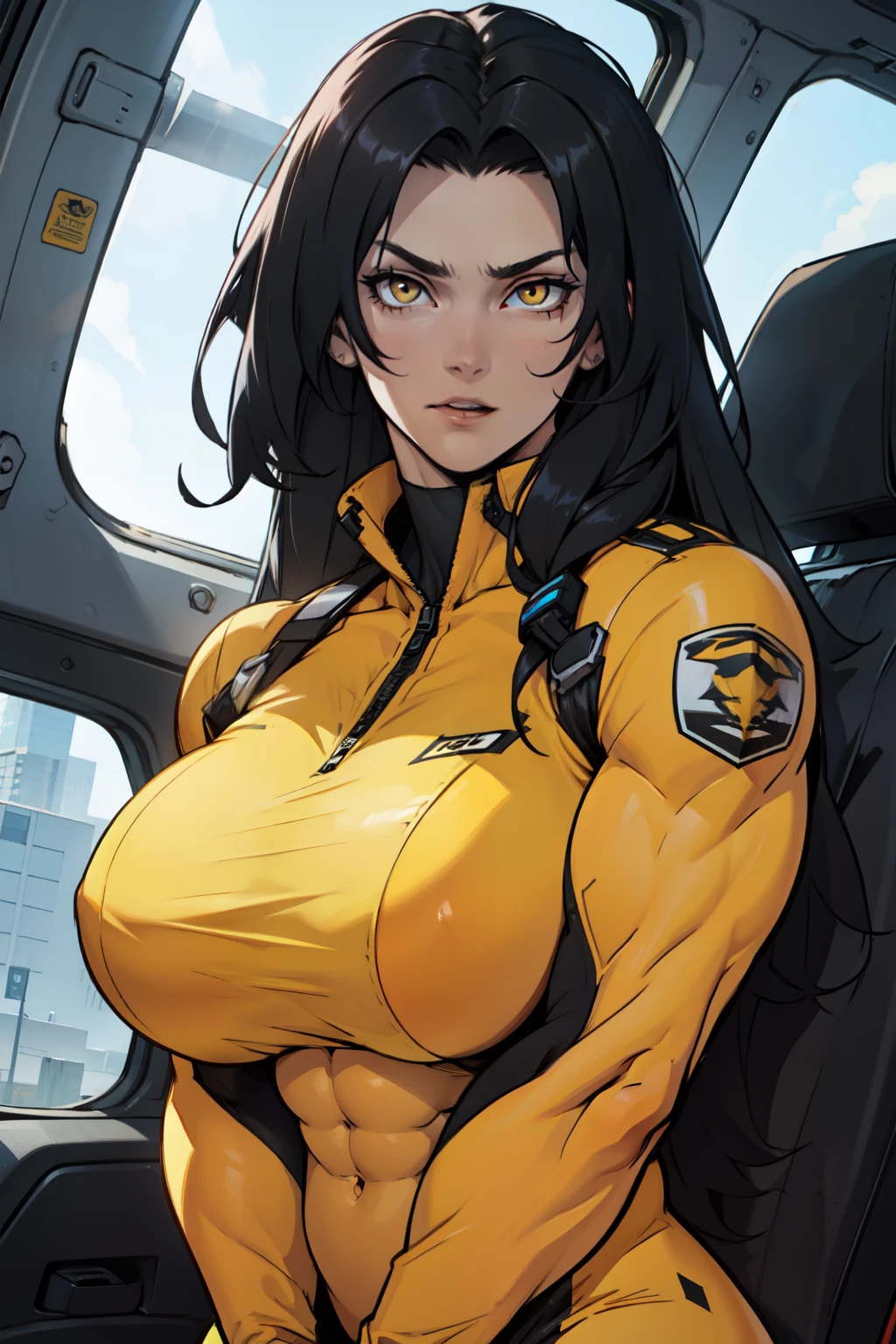 1 girl, black hair, yellow eyes, very long hair, pale skin, ((((extremely muscular)))), huge breasts, (confident expression), pilot suit, close up