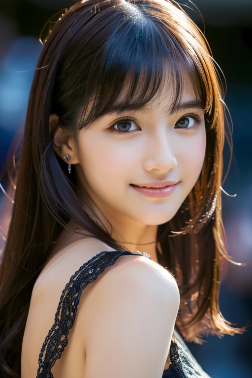 (Surreal), (figure), (High resolution), (8k), (very detailed), (Best figure), (beautiful and detailed eyes), (highest quality), (Ultra-detailed), (masterpiece), (wallpaper), (detailed face), alone, One Girl, big, Audience, small details, detailed face, In the Dark, Deep Shadow, discreet key, Smile, long hair, black shawl straight hair, bangs, white complicated dress,