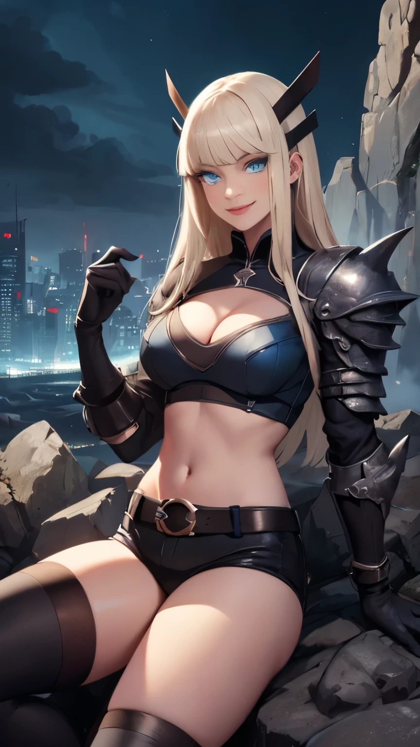 (Highly quality, masterpiece, detailed), night city detailed scenario, night city detailed background, 1girl, Magik, midriff, thigh highs, gloves, short shorts, cleavage, evil smile, armored, glowing blue eyes, sitting on a rock, navel, perfect face, beautiful eyes, looking at the viewer, Sexy pose