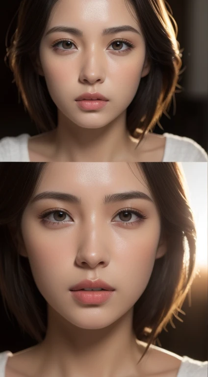 dressed, (photo realistic:1.4), (hyper realistic:1.4), (realistic:1.3),
(smoother lighting:1.05), (Improve the quality of cinematic lighting:0.9), 32k,
1 girl,20 year old girl, realistic lighting, Backlight, light shines on your face, ray tracing, (bright light:1.2), (Improvement of quality:1.4),
(Highest quality realistic textured skin:1.4), Detailed drawn eyes, detailed face, high quality eyes,
(Tired, sleepy and satisfied:0.0), Face close-up, T-Shirts,
(Enhance the mood of your body line:1.1), (Enhances the beauty of skin texture:1.1)