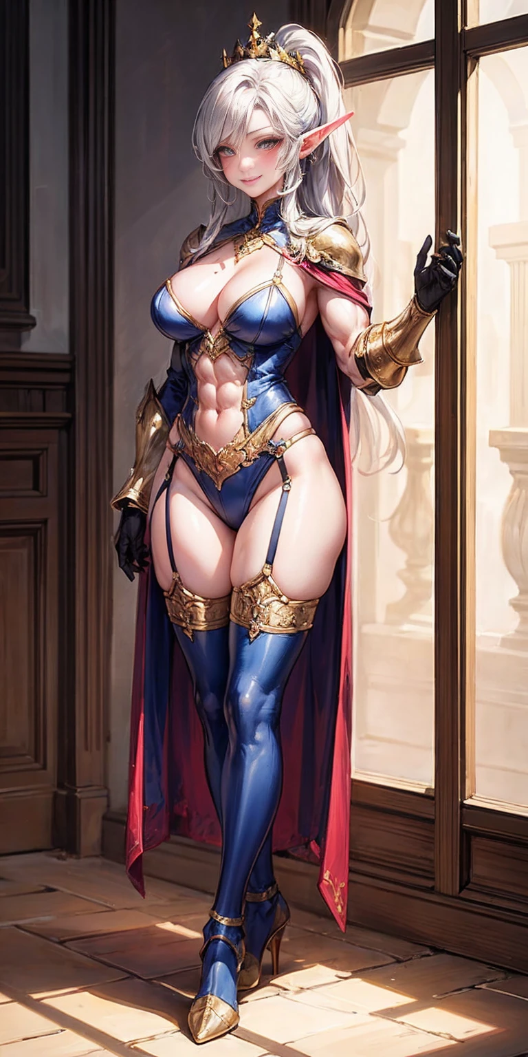 extremely long hair, ponytail, perfect ??????? 1 girl tall solo, slim thick, ((muscular)) high elf toned body, silver ?????? plate, blue cape, slender abs, hourglass waist, detailed face, defined cheekbones, puffy lips, gauntlets, gold crown, shadow over eyes, looking at viewer, masterpiece, white thigh highs lingerie, ??????? smirking smile face red blushed red cheeks, 2 high heels feet together
