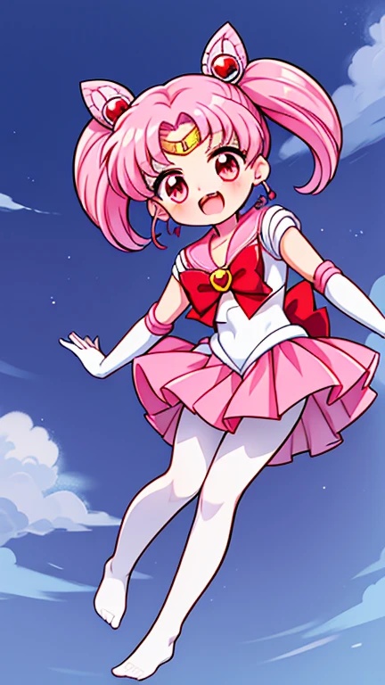 Sailor Moon，childhood，Seven ，Cute little loli，Pink hair twintails，short hair，Sailor suit，red bow，White elbow gloves，Red Skirt，no shoes，Open your mouth，laughing out loud，fangs，(white pantyhose),soles of feet，soles of feet