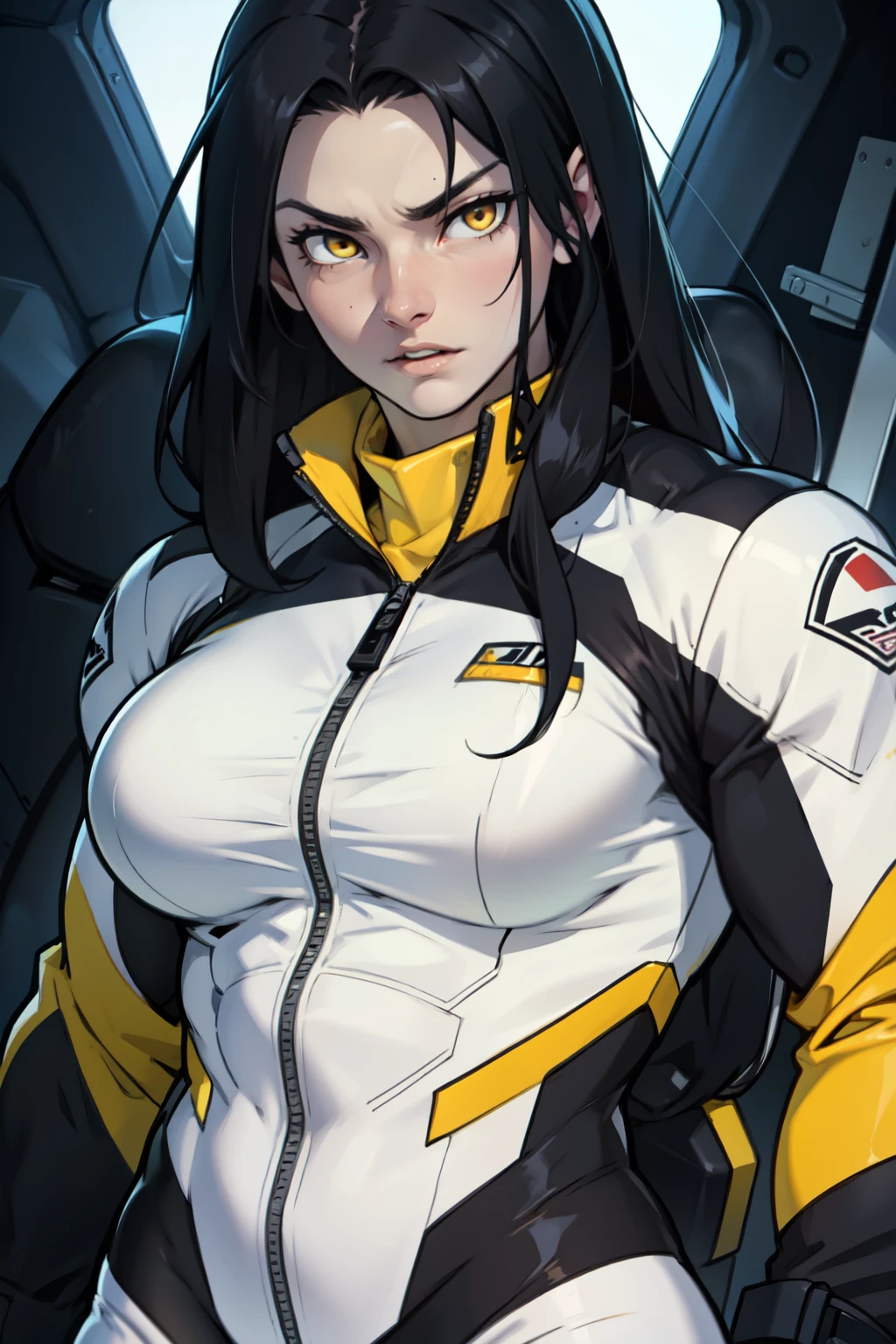 1 girl, black hair, yellow eyes, very long hair, pale skin, ((((extremely muscular)))), large breasts, (confident expression), pilot suit, close up