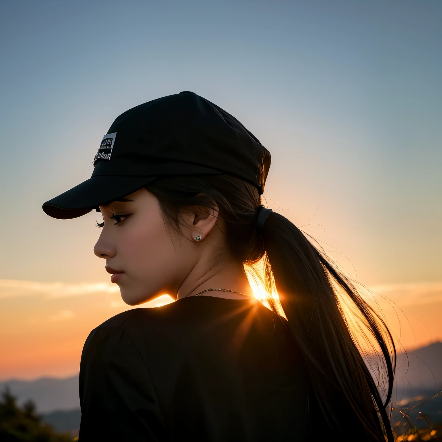 ((best quality)), ((masterpiece)), (detailed) can't see her face, black hair , wear black cap and beautiful black outfit, sunset back ground 