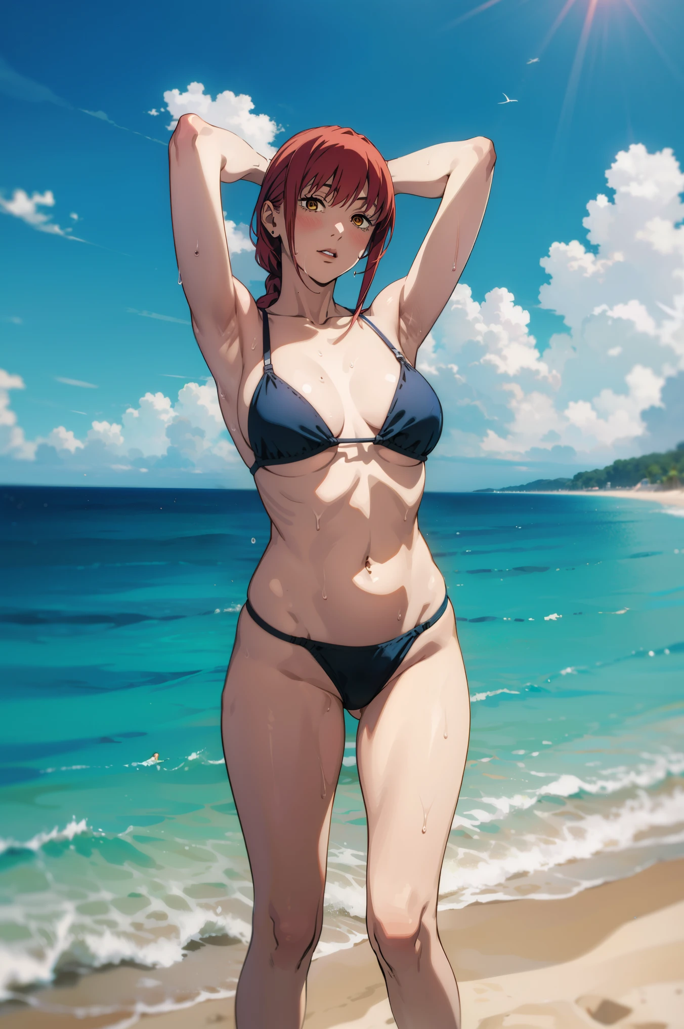 1girl, solo,underwear, navel, breasts, realistic, long hair,, lips, looking at viewer, red hair, collarbone,braided ponytail,yellow eyes, sitting, cowboy shot, jewelry, standing, from Above, arms behind head, show both armpits, one piece bikini, legs open wide, dynamic pose, white skin, pale skin, sweaty armpits, outside, sun, skies, blue skies, seaside, beach sand, cameltoes, 16:9