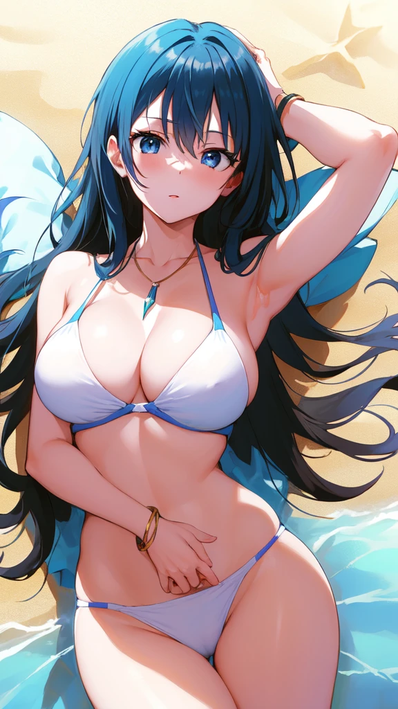 masterpiece, best quality, 1 solo girl, blue hair, blue eyes, long hair, medium breasts, sexy body and face, wavy hair, white bikini, jewelry, bracelet, necklace, summer, beach, lying at the sand, sexy pose, cowboy shots, detailed body, face, and eyes, sharp focus, vibrant, creative, dynamic, high definition, high resolution, 8k, (Upscale: R-ESRGAN 4x+ Anime6mage enchance:4x), voluptuous body, cinema lightning, dakimakura style,