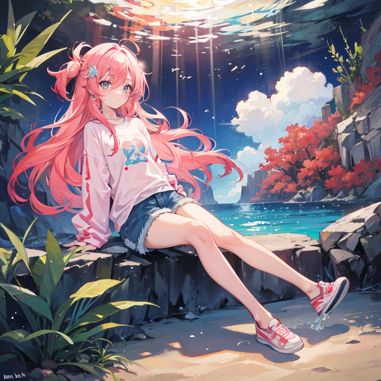 Coral pink hair，long hair，hair over one eye，gray eyes，feather hair ornament，cute，girl，laughing expression，White sweatshirt，Denim shorts，Wear shoes on your feet，Floating action，whole body，Don't show your arms，The background is underwater，aquarium，seabed，Lots of fish around