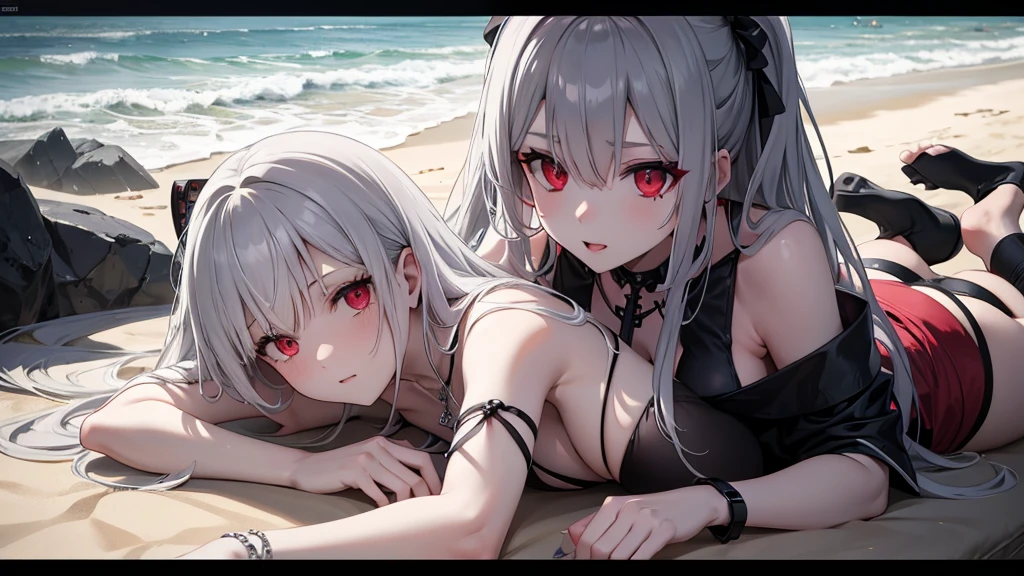 Long gray hair,blood red eyes,Necklace with cross,Wearing a black and white goth bikini,beach,beach球,Woman on top position,two women