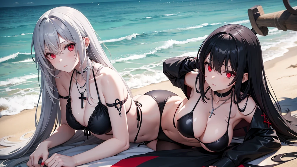 Long gray hair,blood red eyes,Necklace with cross,Wearing a black and white goth bikini,beach,beach球,Woman on top position,two women