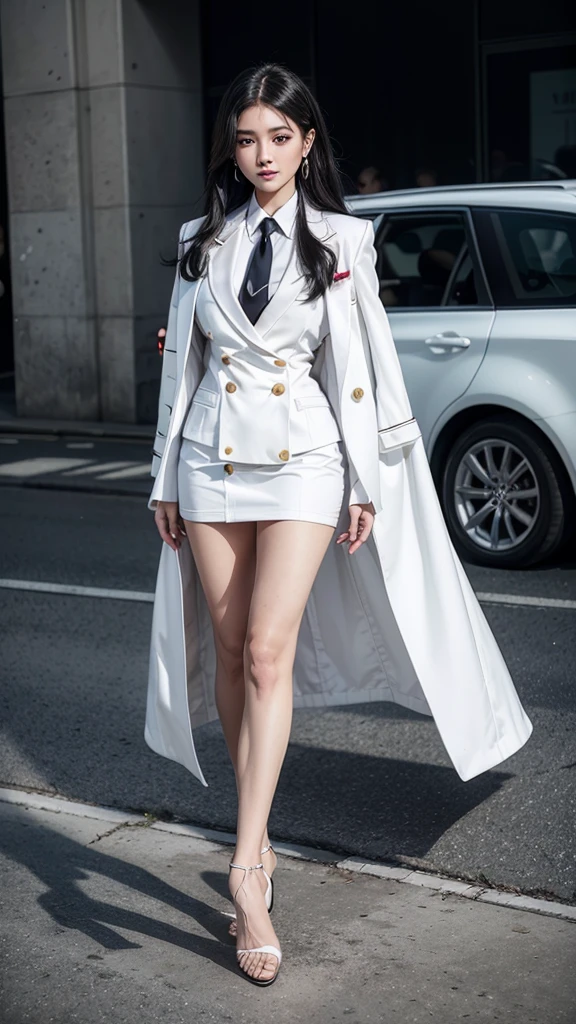 (masterpiece, best quality, realistically, Work, super detailed, 8K), ((Wide-angle lens, Full body female love)), 1 girl,Light makeup,Exquisite facial features,Smile,blush, lips slightly open, Full and symmetrical breasts, Long white trench coat, Two-breasted buttons, White military cap, White gloves, white boots, curls,front standing posture ,facing the audience,full body portrait, 8k wallpaper, masterpiece, best quality, super detailed, best lighting, best shade